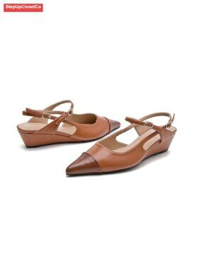 Faux Leather Low Heel Wedge Slingback Shoes Women Pointed Toe Comfort Office